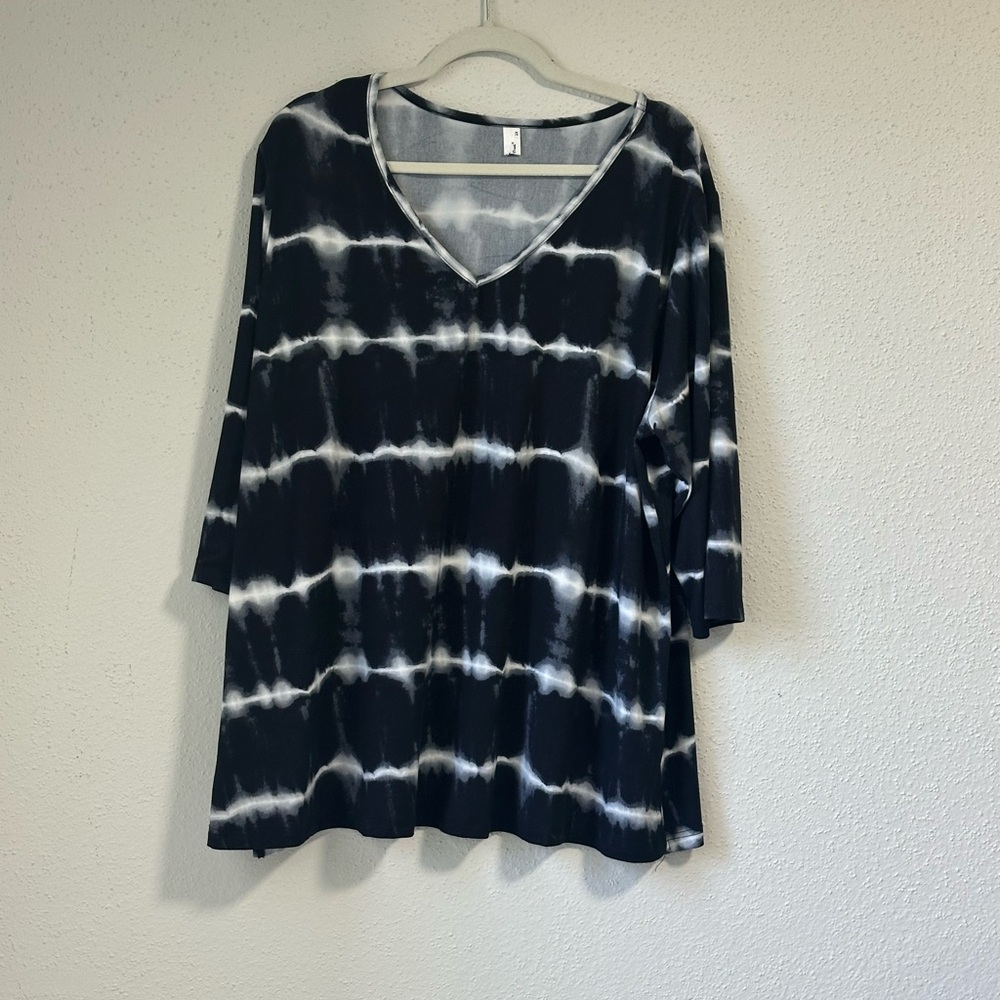 Women's Agnes Orinda Plus Size V-Neck 3/4 Sleeve Casual Tie-Dye Tee Bk, gray, wh